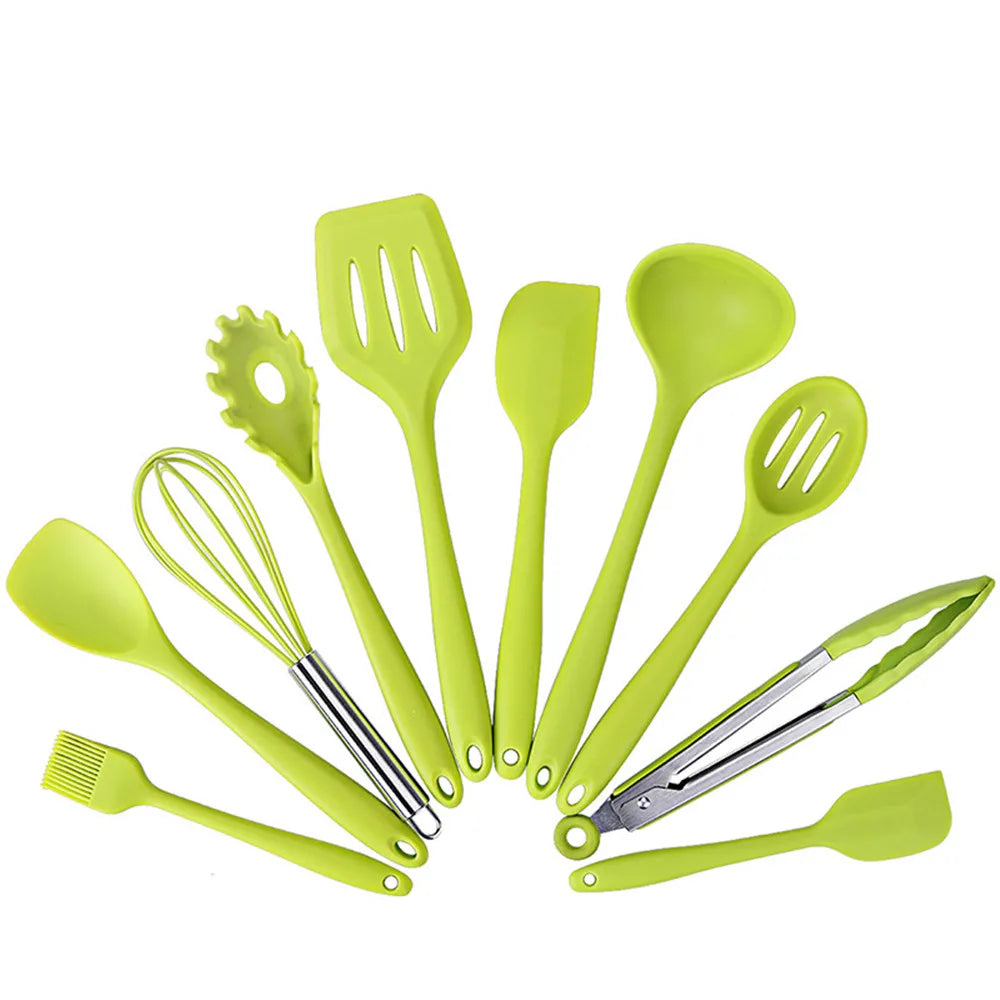 10-Piece Silicone Kitchen Utensils Set – Non-Stick, Heat-Resistant Cooking Utensils – Ideal for Daily Cooking– Available in Black, Light Green, Red, and Blue Colours.