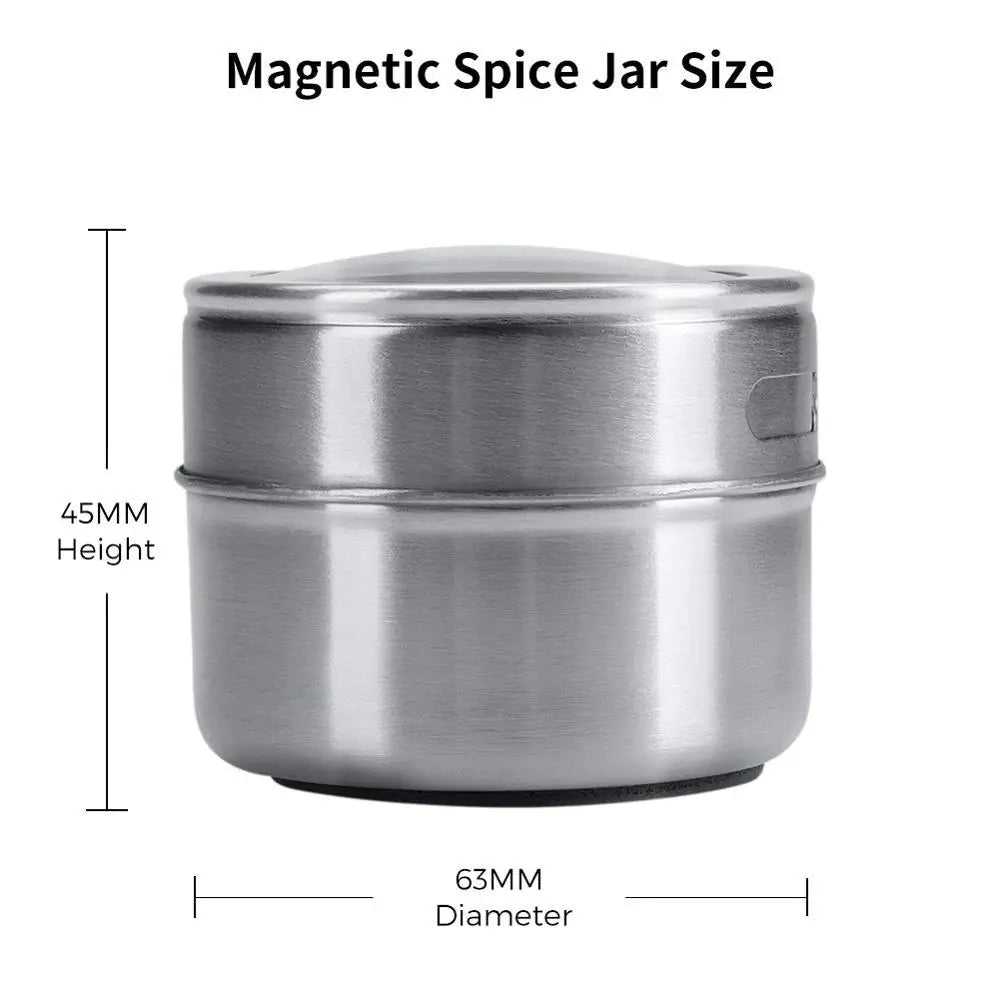 Magnetic Stainless Steel Spice Jar Set with Stickers – Spice Tins & Seasoning Containers – Perfect for Fridge & Metal Boards – Available in 9, 12 & 16 Pieces
