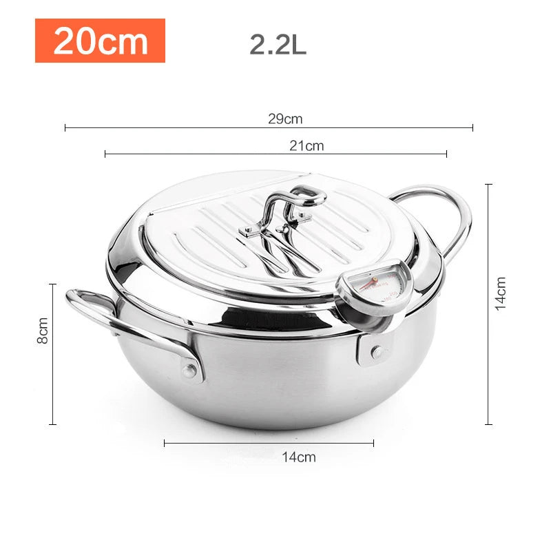 304 Stainless Steel Japanese Deep Frying Pot with Thermometer & Lid – Tempura Fryer Pan – Ideal for Tempura, Chips & Fried Chicken – Available in 20cm & 24cm
