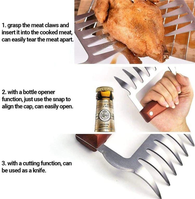 Stainless Steel BBQ Meat Shredder Claws with Wooden Handles – Pulled Meat Claws with Bottle Opener – Perfect for Shredding Chicken, Turkey & Beef – Available in 1 & 2 Pieces