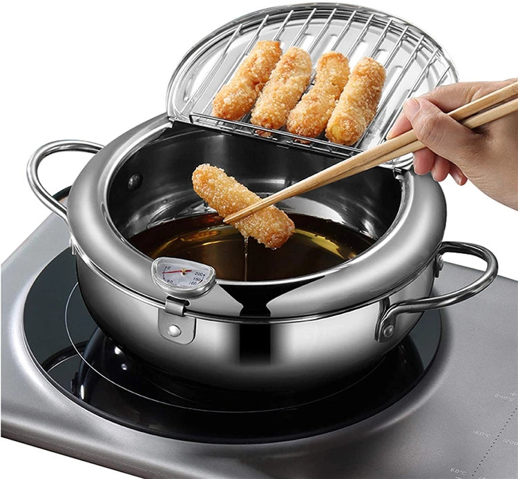 304 Stainless Steel Japanese Deep Frying Pot with Thermometer & Lid – Tempura Fryer Pan – Ideal for Tempura, Chips & Fried Chicken – Available in 20cm & 24cm