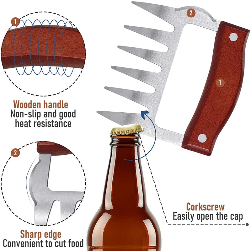Stainless Steel BBQ Meat Shredder Claws with Wooden Handles – Pulled Meat Claws with Bottle Opener – Perfect for Shredding Chicken, Turkey & Beef – Available in 1 & 2 Pieces
