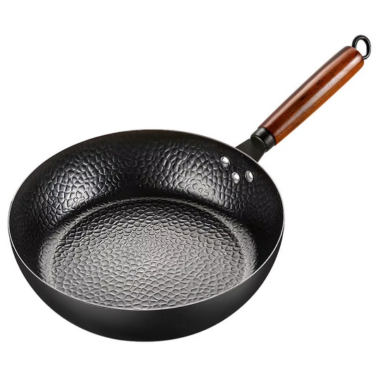 Non-Stick Iron Wok with Wooden Handle – Lightweight 28cm Uncoated Wok Ideal for Stir-Fry, Searing, Deep-Frying, Steaming, Boiling, Stewing, Smoking & Daily Cooking – Works on All Stovetops