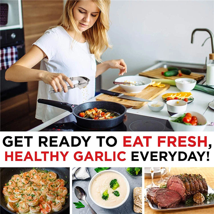 Stainless Steel Garlic Press with Silicone Garlic Peeler Roller – Rust Proof Garlic Mincer & Crusher Kit – Great for Crushing, Mincing & Peeling Garlic