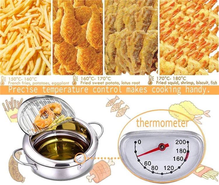 304 Stainless Steel Japanese Deep Frying Pot with Thermometer & Lid – Tempura Fryer Pan – Ideal for Tempura, Chips & Fried Chicken – Available in 20cm & 24cm