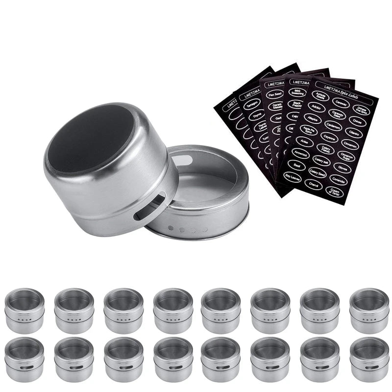 Magnetic Stainless Steel Spice Jar Set with Stickers – Spice Tins & Seasoning Containers – Perfect for Fridge & Metal Boards – Available in 9, 12 & 16 Pieces
