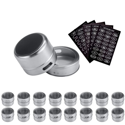 Magnetic Stainless Steel Spice Jar Set with Stickers – Spice Tins & Seasoning Containers – Perfect for Fridge & Metal Boards – Available in 9, 12 & 16 Pieces