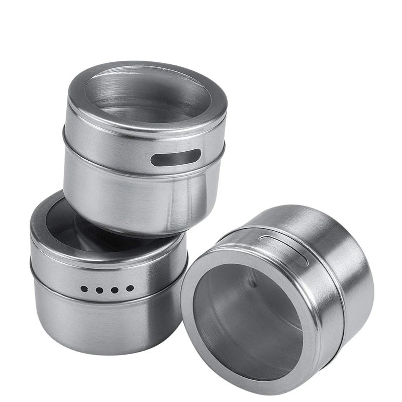 Magnetic Stainless Steel Spice Jar Set with Stickers – Spice Tins & Seasoning Containers – Perfect for Fridge & Metal Boards – Available in 9, 12 & 16 Pieces