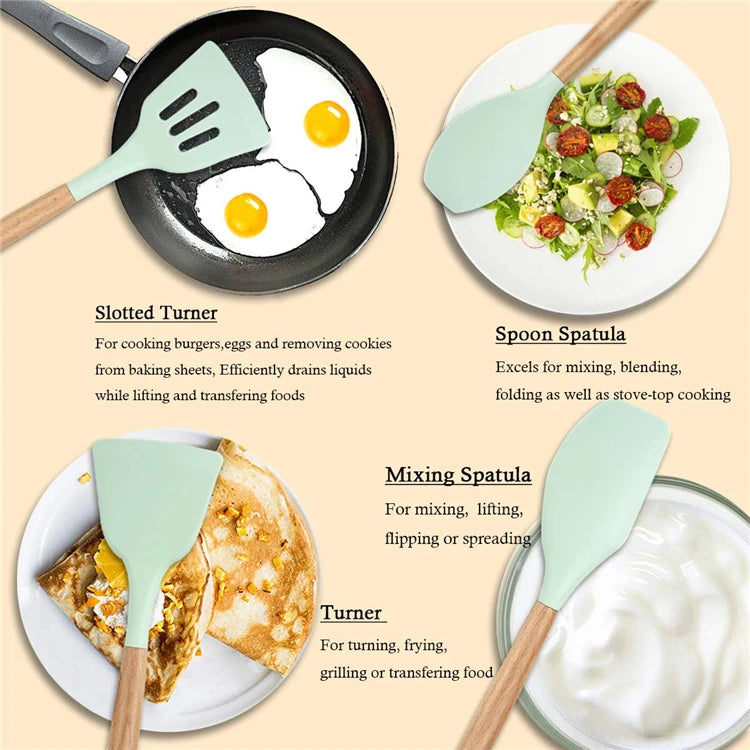 Heat Resistant Silicone Cooking Utensil with Wooden Handle – Up to 230°C Turner, Tongs, Spatula, Spoon, Brush & Whisk – Ideal for Nonstick Cookware