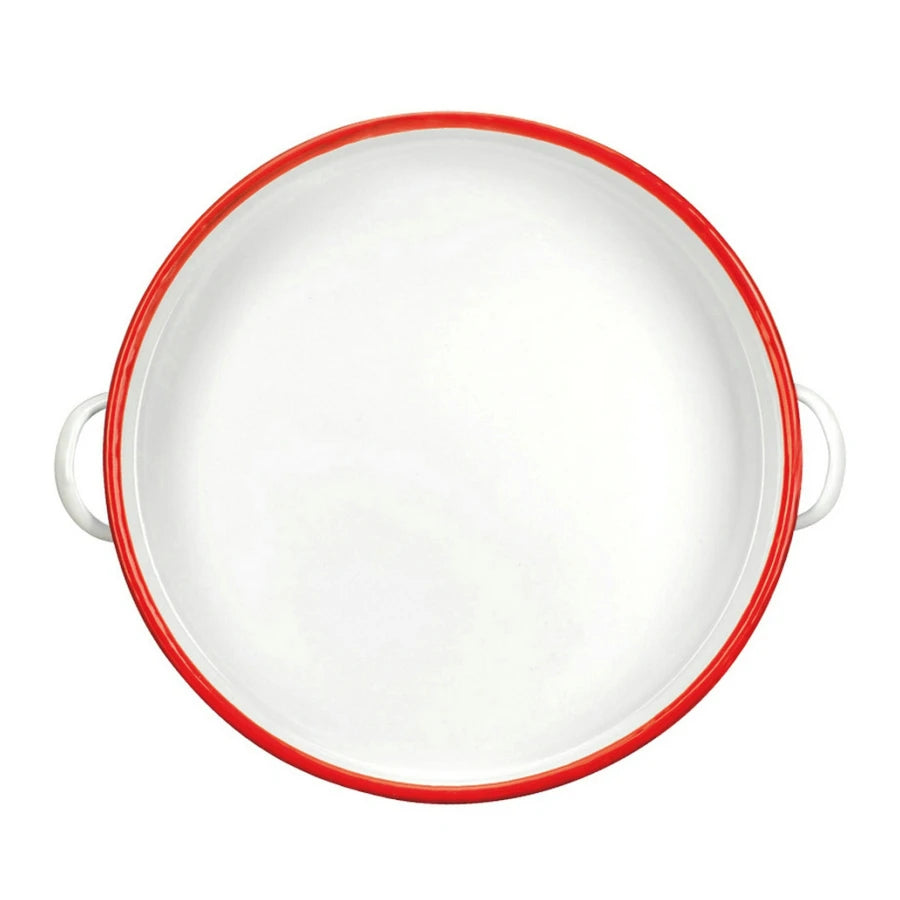 White & Red Enamel Baking Pan with Dual Side Handles – Deep Round Baking Dish for Baking, Roasting, and Serving, Oven & Induction Safe, 3 Sizes Available