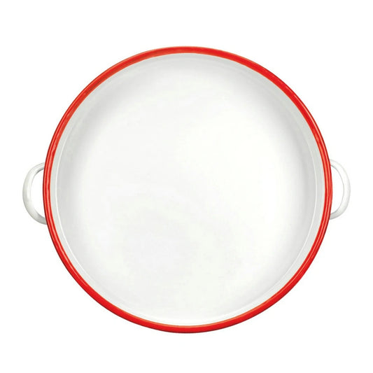 White & Red Enamel Baking Pan with Dual Side Handles – Deep Round Baking Dish for Baking, Roasting, and Serving, Oven & Induction Safe, 3 Sizes Available