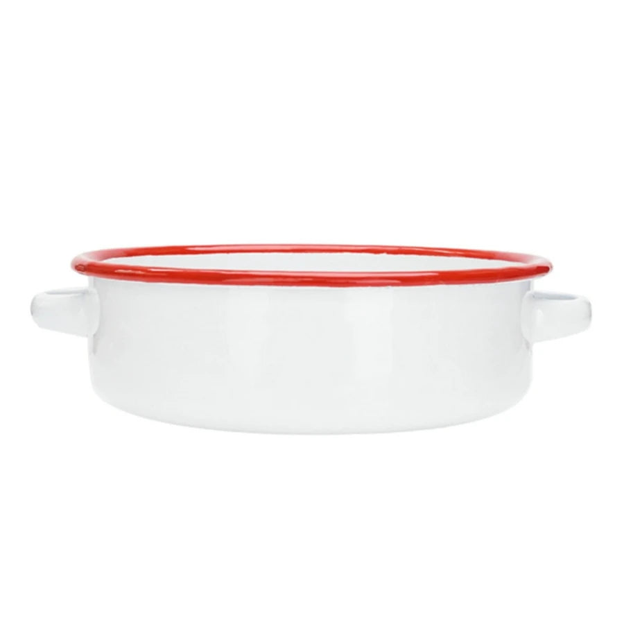 White & Red Enamel Baking Pan with Dual Side Handles – Deep Round Baking Dish for Baking, Roasting, and Serving, Oven & Induction Safe, 3 Sizes Available