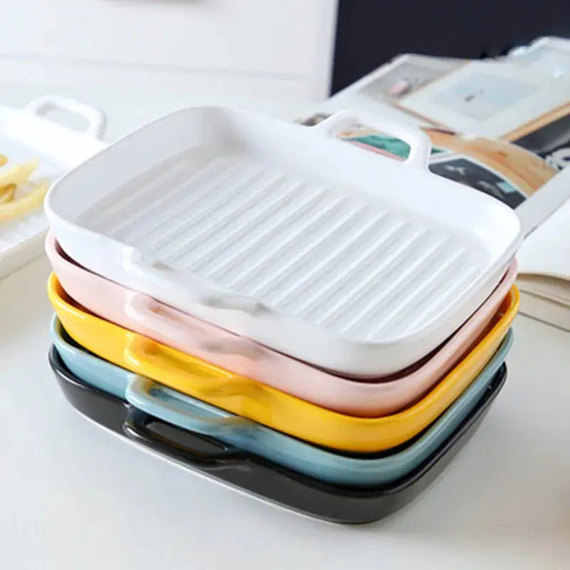 Rectangular Ceramic Baking Tray with Dual Handles – High-Temperature Resistant Porcelain Tray for Baking, Roasting, Chicken Wings, Vegetables, Desserts & Daily Meals – Non-Slip Bottom & Stackable Design for Oven, Microwave, Dishwasher & Refrigerator