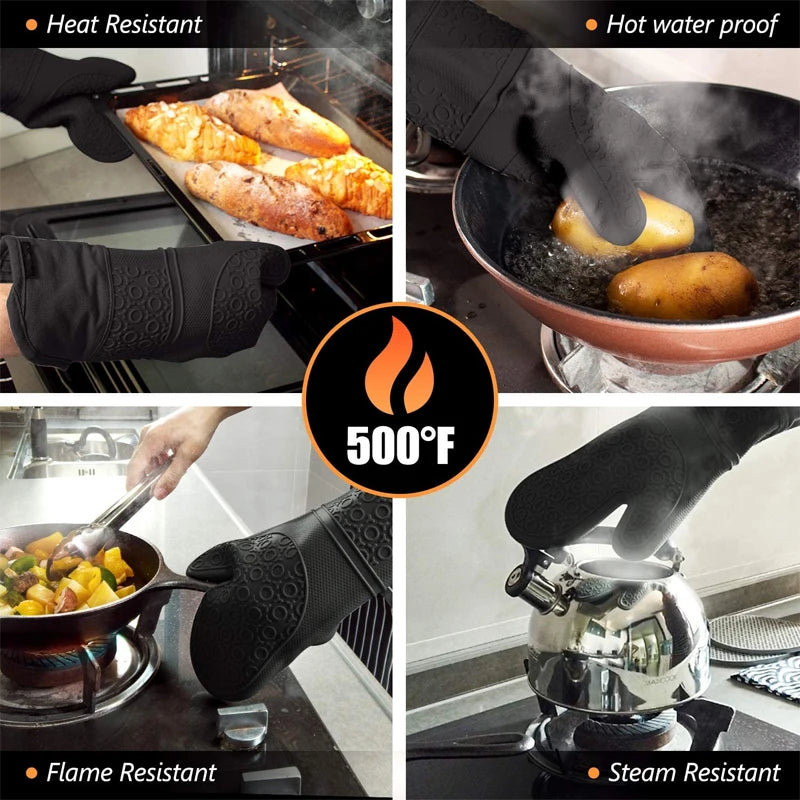 6 Piece Extra Long Silicone Oven Mitts & Pot Holders Set – Heat Resistant Cooking Gloves & Hot Pads – Perfect for Baking, Cooking & BBQ