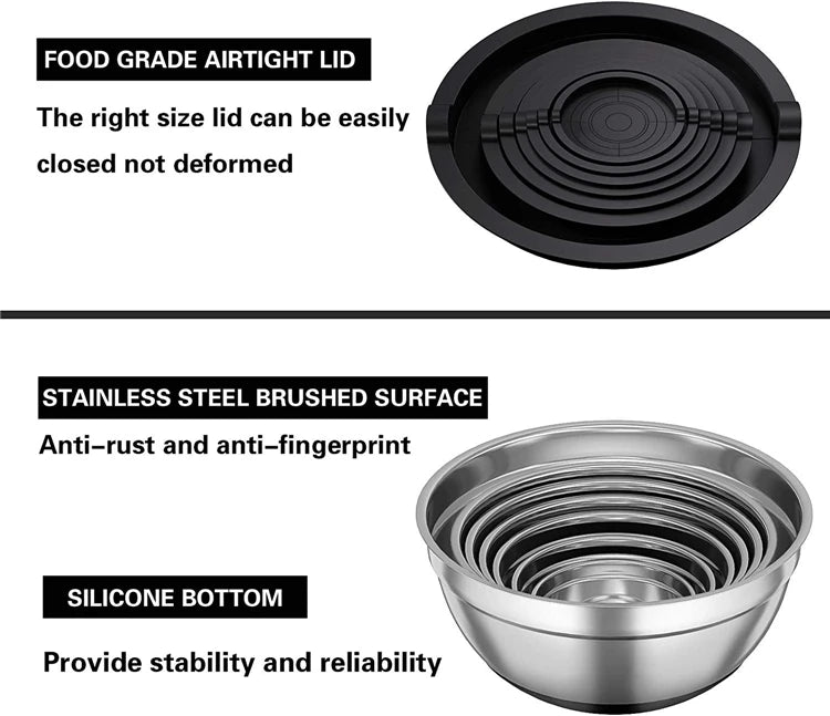 6 Piece Stainless Steel Mixing Bowl Set with Lids & Non-Slip Bases – Nesting Baking & Storage Bowls – Best for Baking, Salads & Food Prep