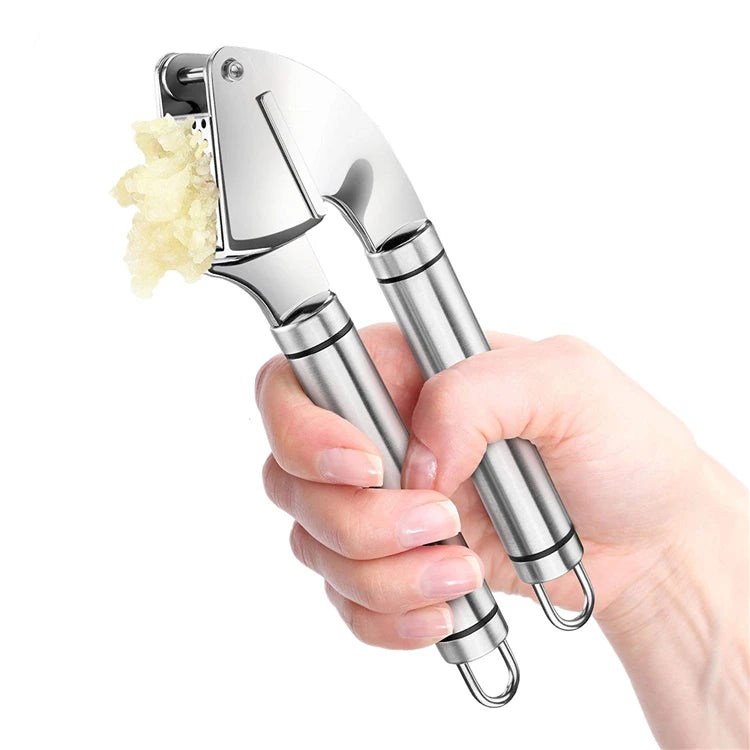 Stainless Steel Garlic Press with Silicone Garlic Peeler Roller – Rust Proof Garlic Mincer & Crusher Kit – Great for Crushing, Mincing & Peeling Garlic