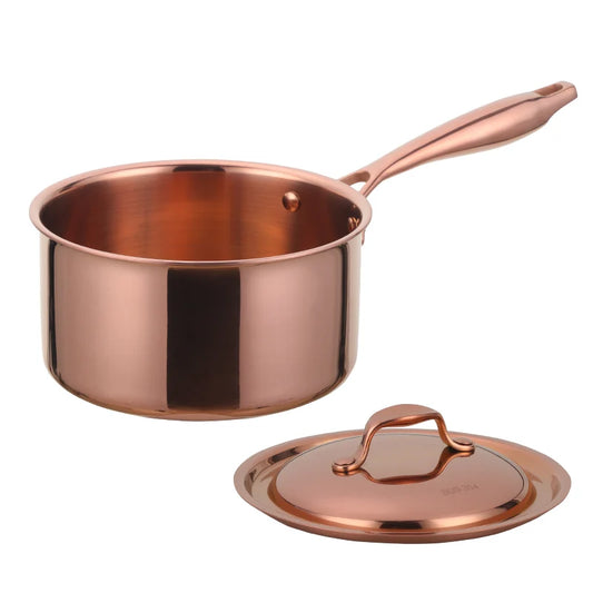 Rose Gold Stainless Steel Saucepan with Lid & Long Handle – 3-Layer Base Cooking Pot for Boiling Milk, Soups, Sauces & Daily Meals – Heat-Resistant Grip – Induction & Gas Stove Compatible – 2.4L (18cm Diameter)