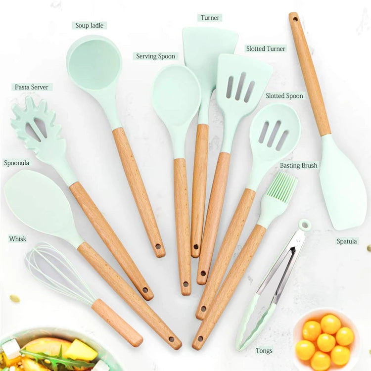 Heat Resistant Silicone Cooking Utensil with Wooden Handle – Up to 230°C Turner, Tongs, Spatula, Spoon, Brush & Whisk – Ideal for Nonstick Cookware