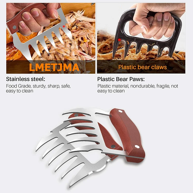 Stainless Steel BBQ Meat Shredder Claws with Wooden Handles – Pulled Meat Claws with Bottle Opener – Perfect for Shredding Chicken, Turkey & Beef – Available in 1 & 2 Pieces