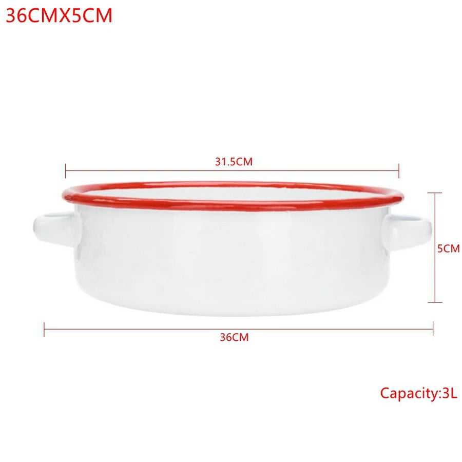White & Red Enamel Baking Pan with Dual Side Handles – Deep Round Baking Dish for Baking, Roasting, and Serving, Oven & Induction Safe, 3 Sizes Available