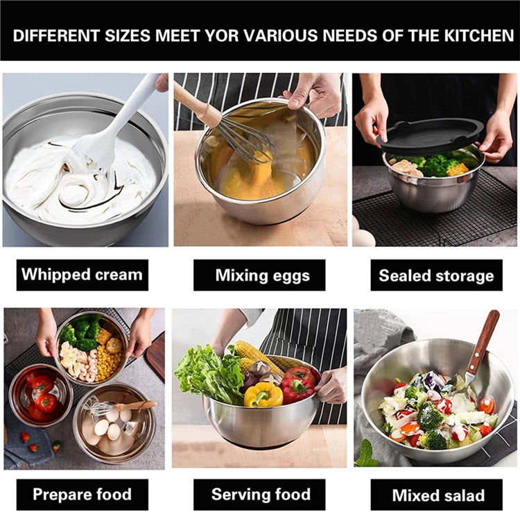 6 Piece Stainless Steel Mixing Bowl Set with Lids & Non-Slip Bases – Nesting Baking & Storage Bowls – Best for Baking, Salads & Food Prep