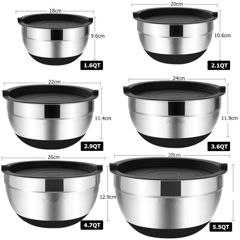 6 Piece Stainless Steel Mixing Bowl Set with Lids & Non-Slip Bases – Nesting Baking & Storage Bowls – Best for Baking, Salads & Food Prep
