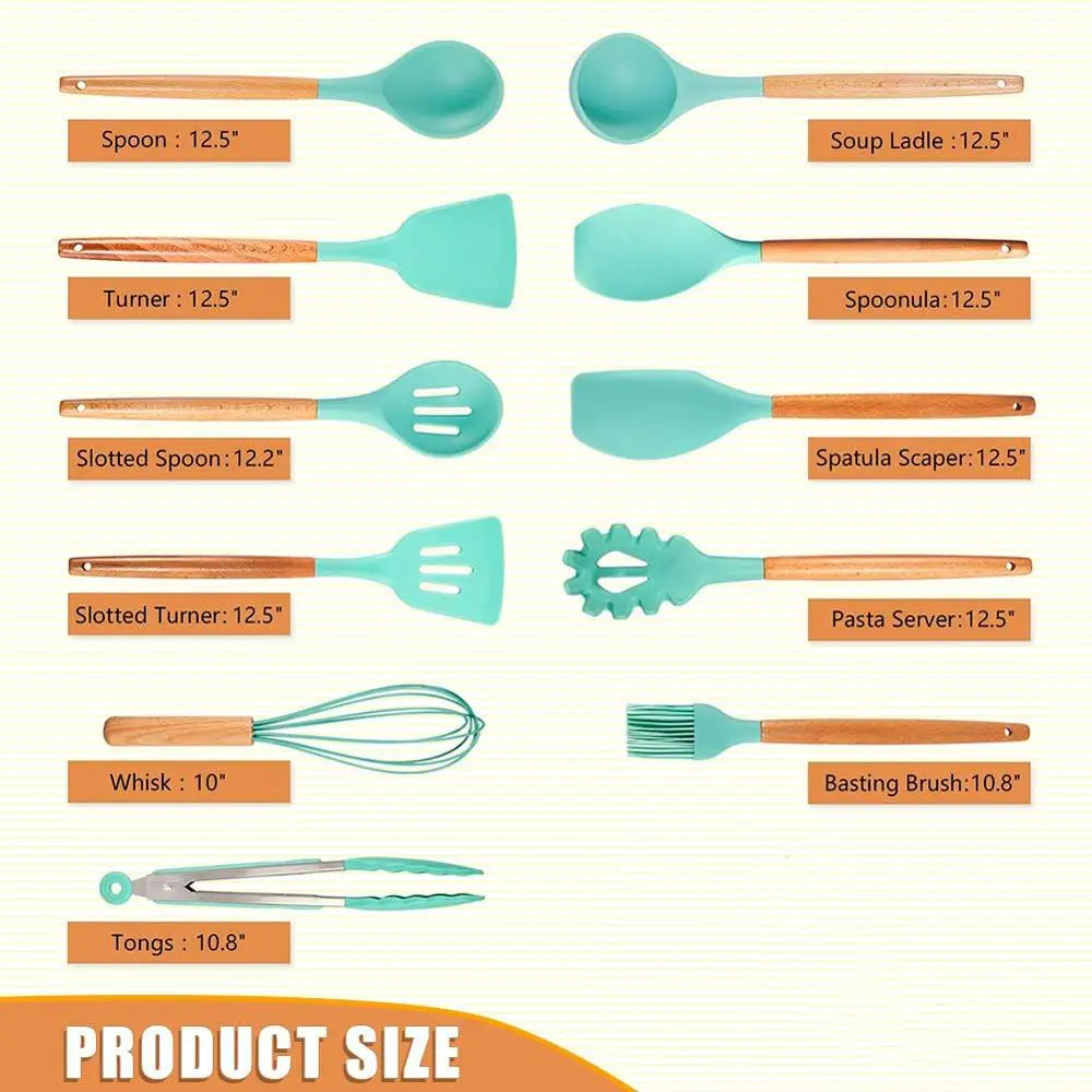 Heat Resistant Silicone Cooking Utensil with Wooden Handle – Up to 230°C Turner, Tongs, Spatula, Spoon, Brush & Whisk – Ideal for Nonstick Cookware