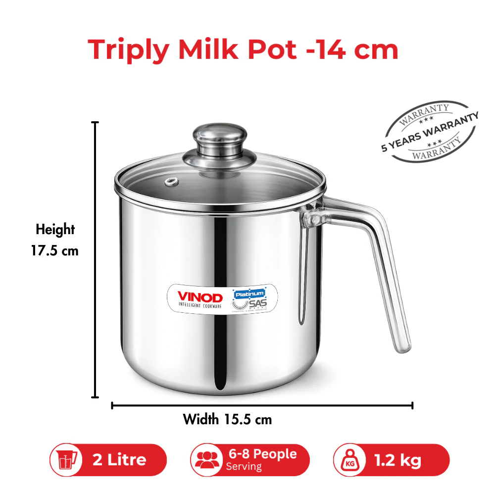 Triply Stainless Steel Milk Pot 2L 14 cm with Glass Lid