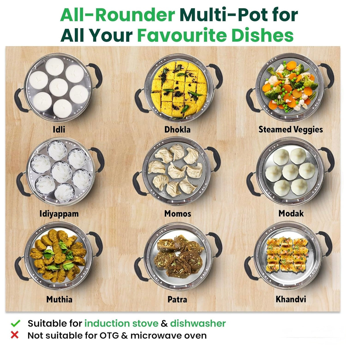 Stainless Steel Idli Maker/Momo Maker/Multi Kadai/Steamer Set, Large, 5 Plates, 2 Idli, 2 Dhokla