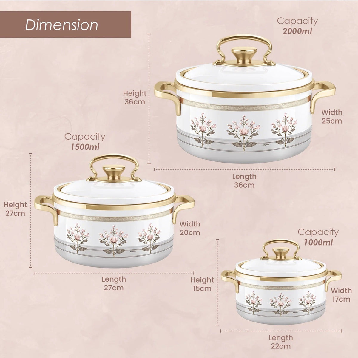 Rachel Premium Insulated Casserole Big Set of 3 (1000 ml+1500 ml+2000 ml)