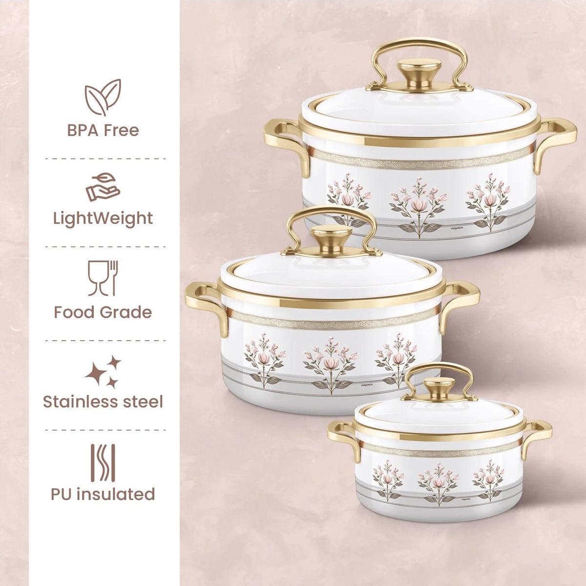 Rachel Premium Insulated Casserole Big Set of 3 (1000 ml+1500 ml+2000 ml)