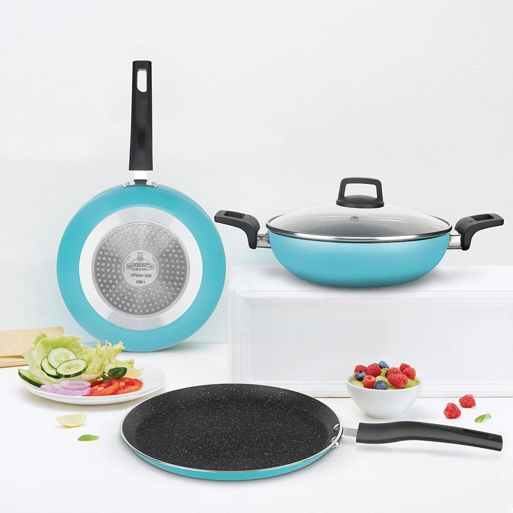 Festive Glory Cookware Set - Blue Set 4- Dosa Tawa + Deep Kadhai + Fry Pan + GlassLid