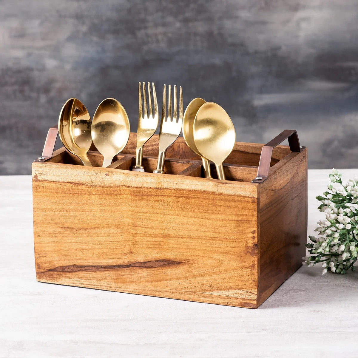 Teak Wood Cutlery Holder Copper Handle Spoon Stand