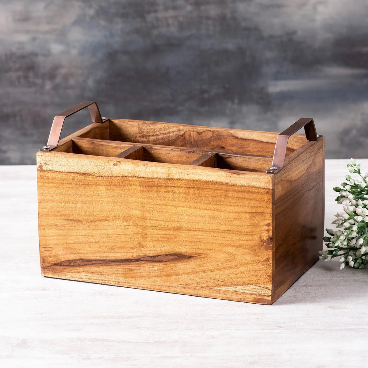 Teak Wood Cutlery Holder Copper Handle Spoon Stand