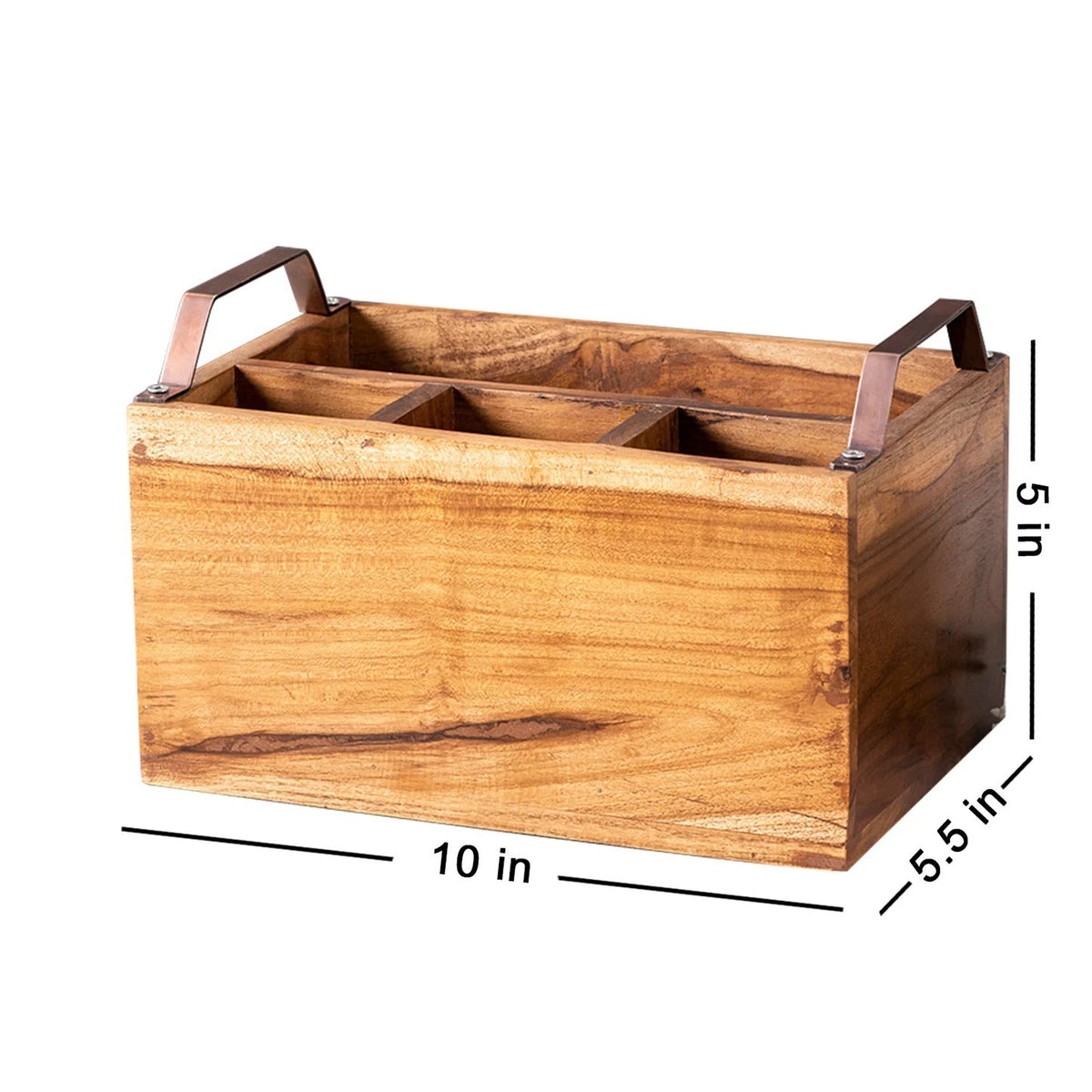 Teak Wood Cutlery Holder Copper Handle Spoon Stand