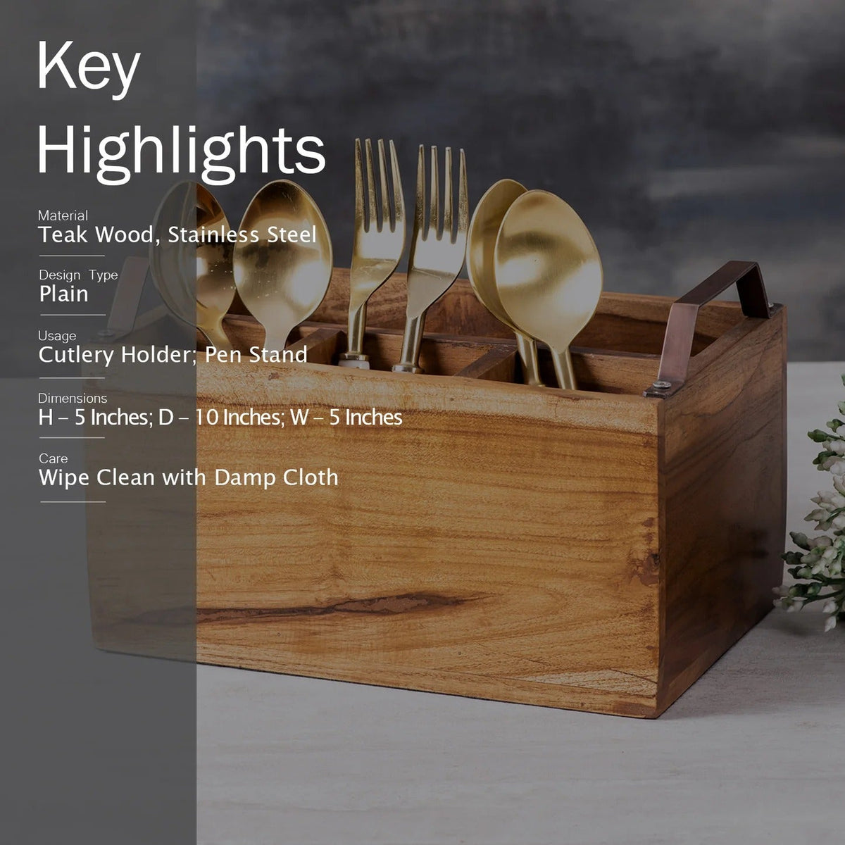 Teak Wood Cutlery Holder Copper Handle Spoon Stand