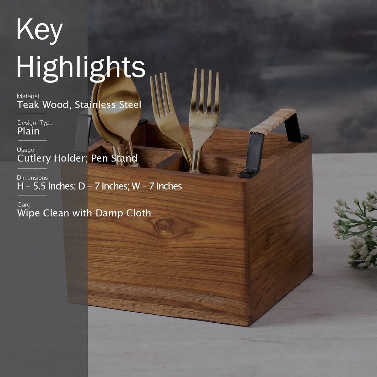 Teak Wood Cutlery Holder Small Black with Cane Mini Me