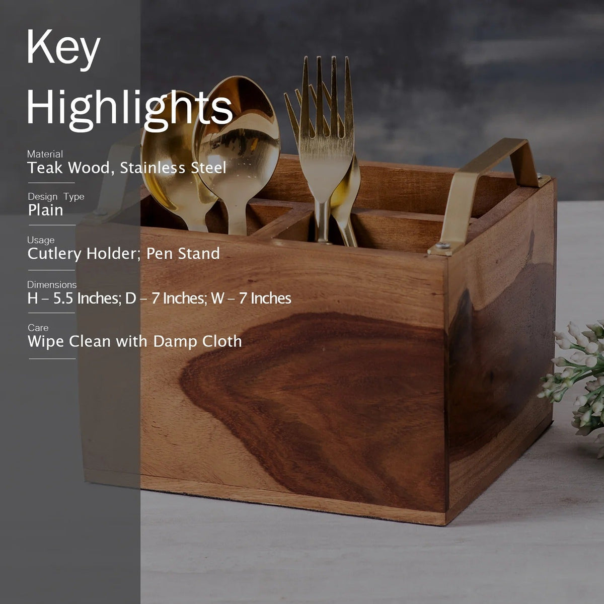 Teak Wood Cutlery Holder Small Gold Handle Mini Me