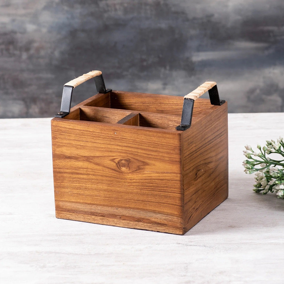 Teak Wood Cutlery Holder Small Black with Cane Mini Me