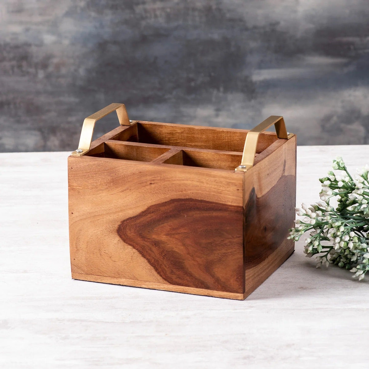 Teak Wood Cutlery Holder Small Gold Handle Mini Me