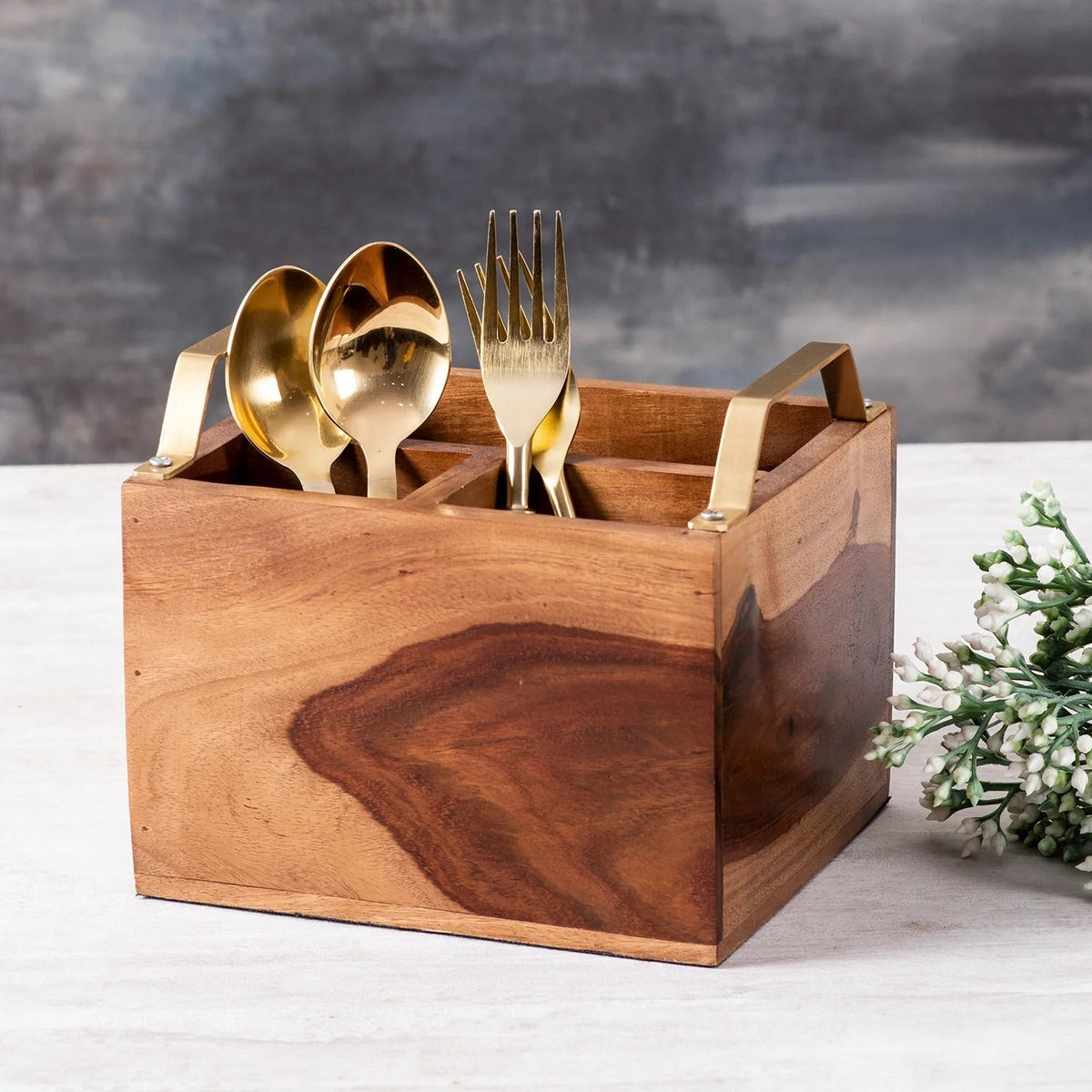 Teak Wood Cutlery Holder Small Gold Handle Mini Me