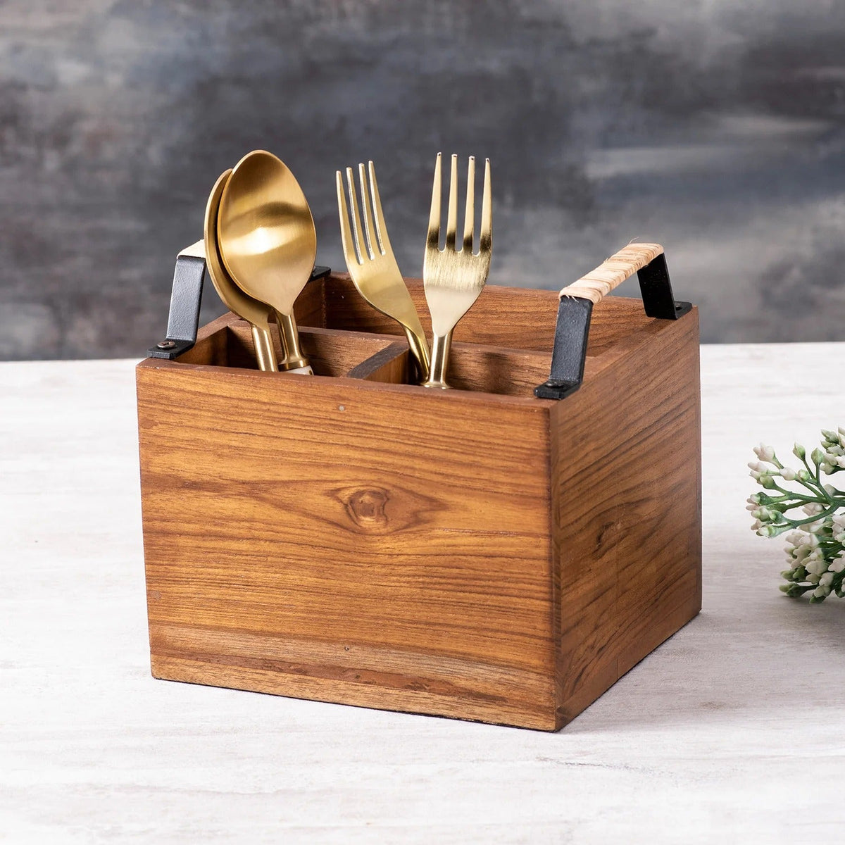 Teak Wood Cutlery Holder Small Black with Cane Mini Me
