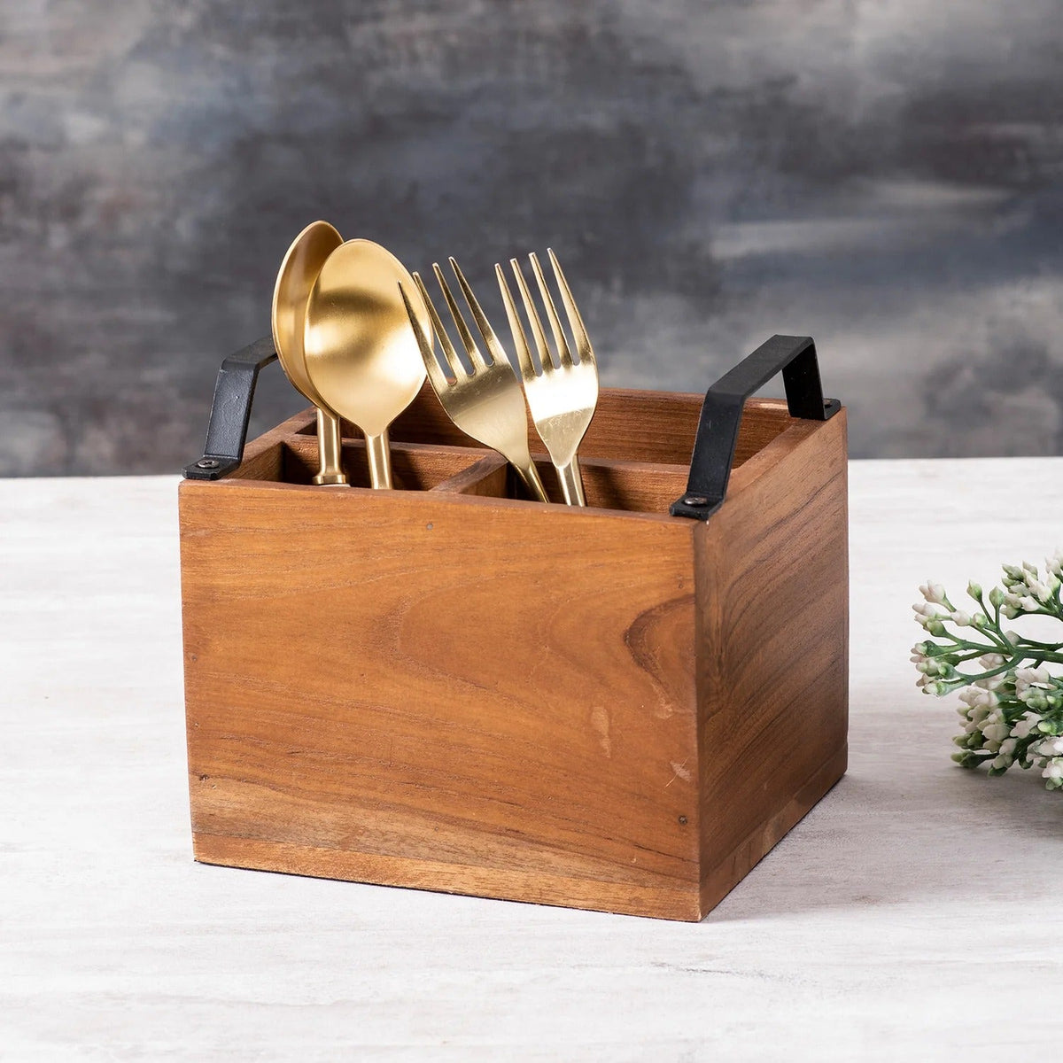 Teak Wood Cutlery Holder Small Black Handle Mini Me