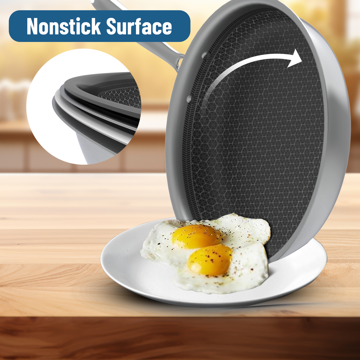 Tri-ply Stainless Steel Frying Pan With Glass Lid, Honeycomb Pattern Fry Pan, Omelets Pan Non Stick