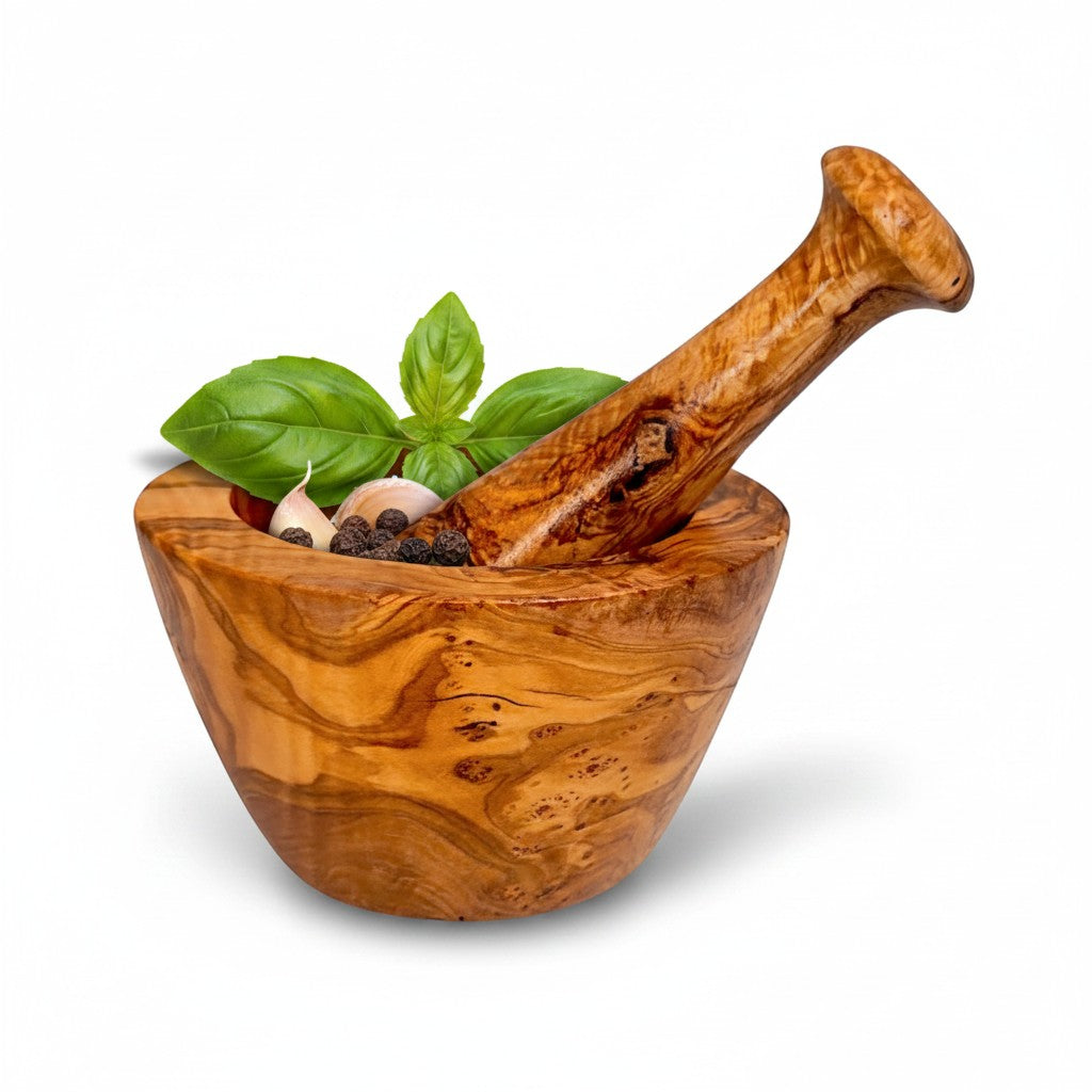 Handcrafted Olive Wood Mortar and Pestle Set – Hand-Carved Natural Spice Grinder & Herb Crusher – Rustic Kitchen Essential (Sizes 8cm to 16cm)