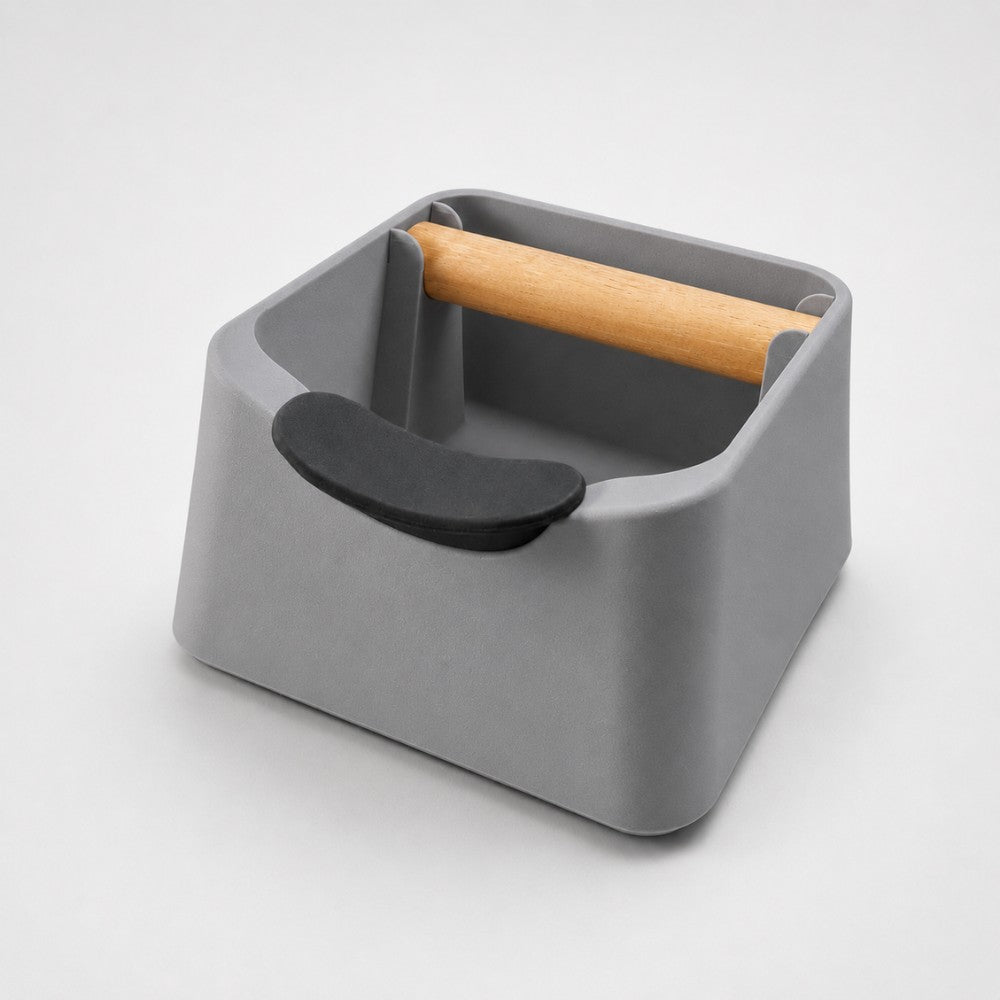 3-in-1 Espresso Knock Box with Portafilter Stand & Oak Wood Knock Bar Matte Ash Grey