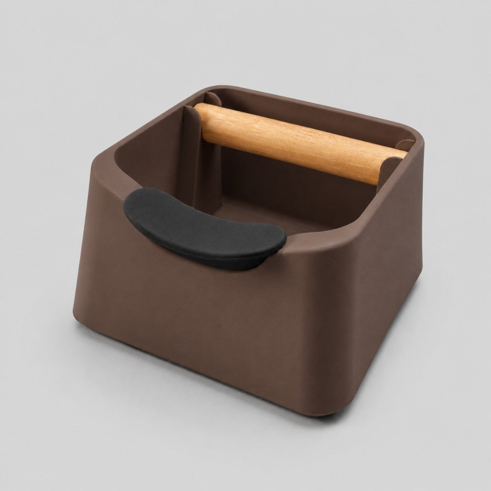 3-in-1 Espresso Knock Box with Portafilter Stand & Oak Wood Knock Bar Matte Brown