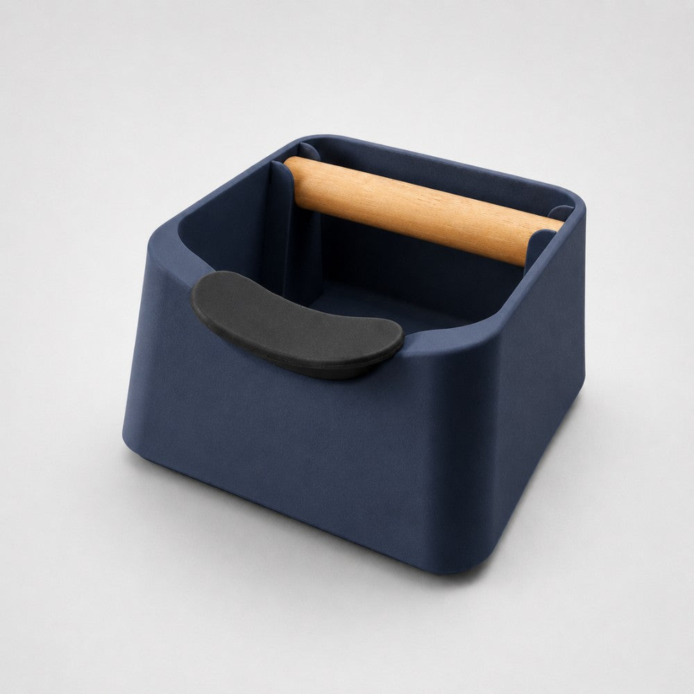 3-in-1 Espresso Knock Box with Portafilter Stand & Oak Wood Knock Bar Matte Dark Blue