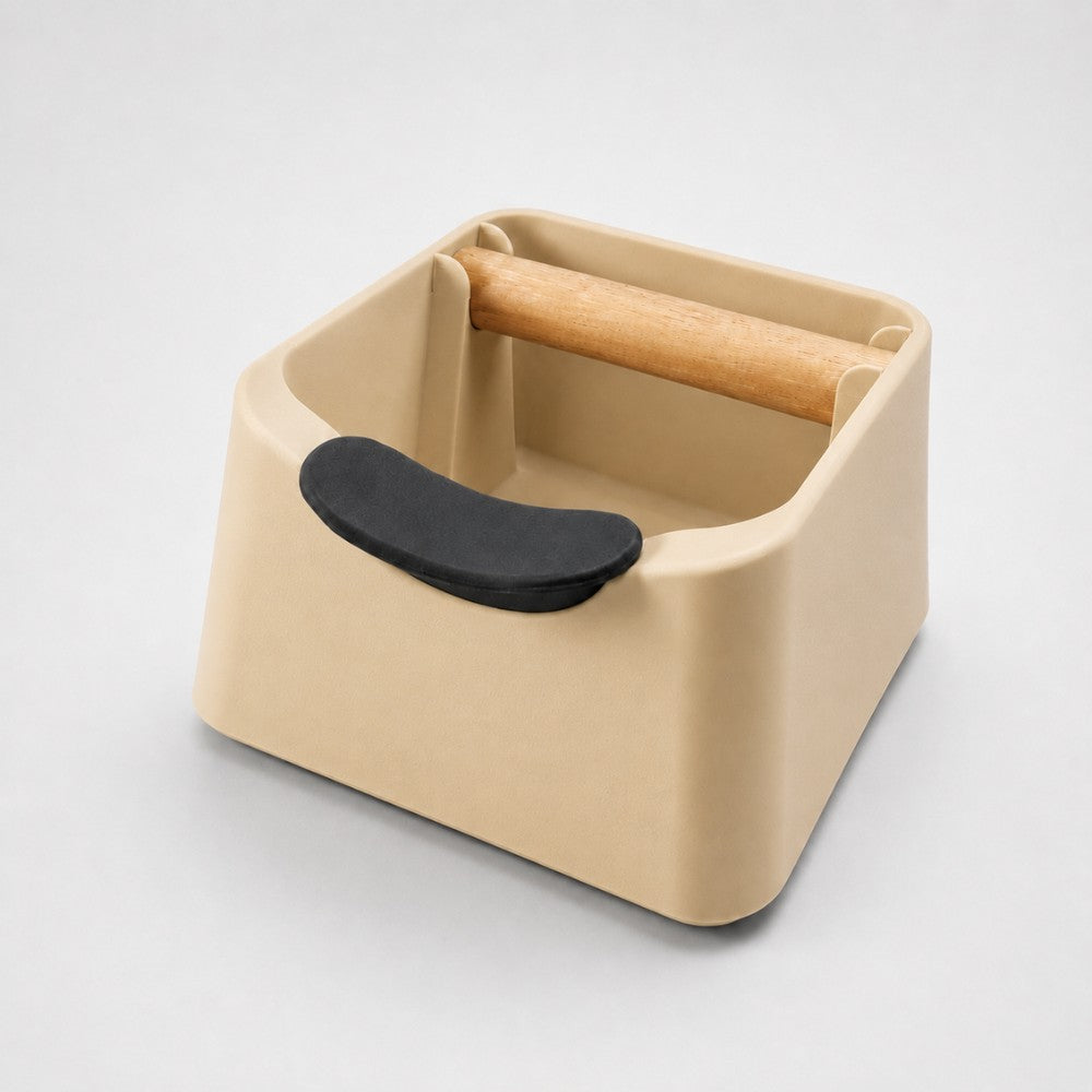 3-in-1 Espresso Knock Box with Portafilter Stand & Oak Wood Knock Bar Matte Desert Tan