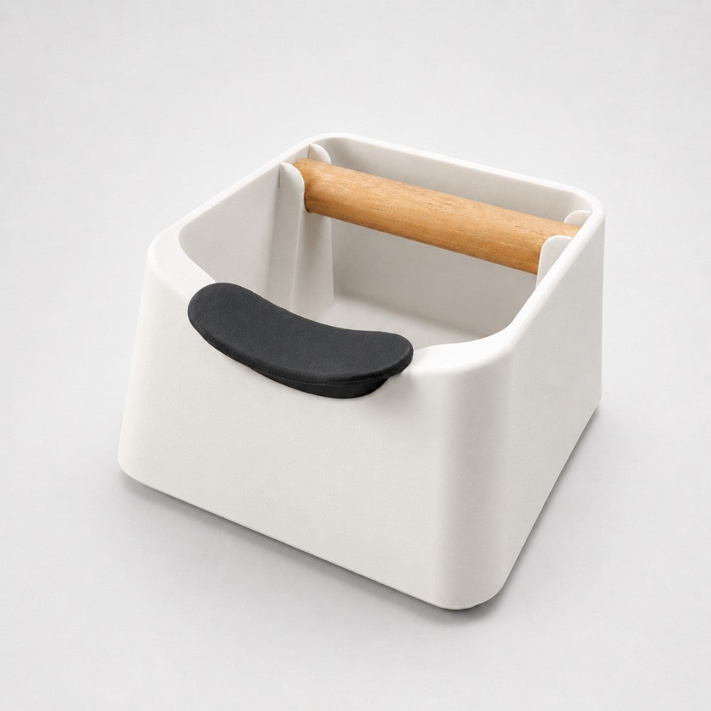 3-in-1 Espresso Knock Box with Portafilter Stand & Oak Wood Knock Bar Matte Ivory White